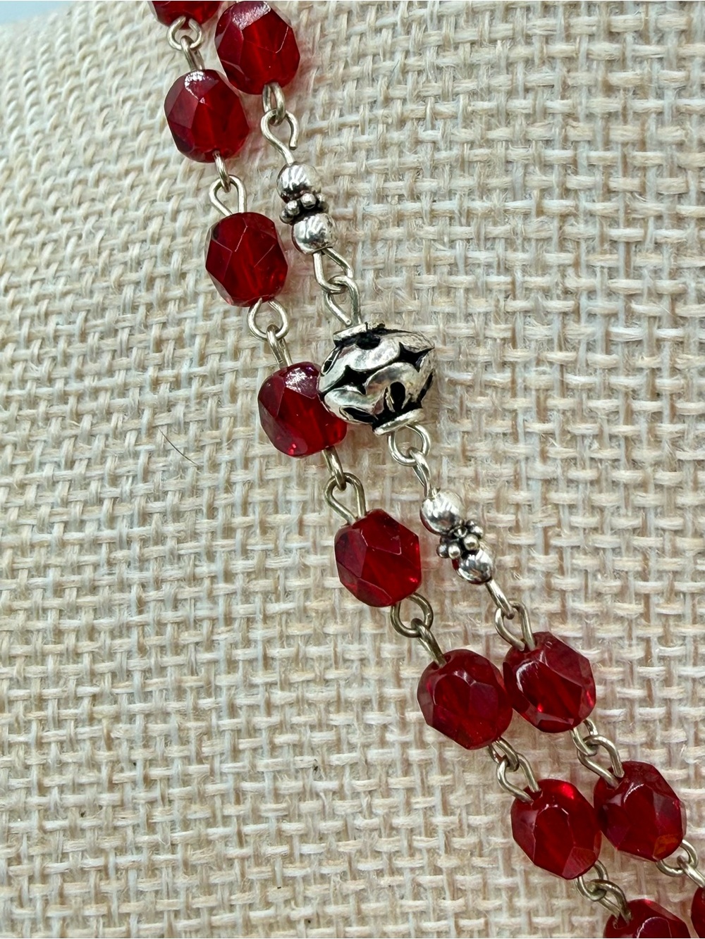 Donna Dressler Sterling Silver Ruby Crystal Rosary Crucifix VTG Tagged 26” w 6”D - Picture 13 of 17